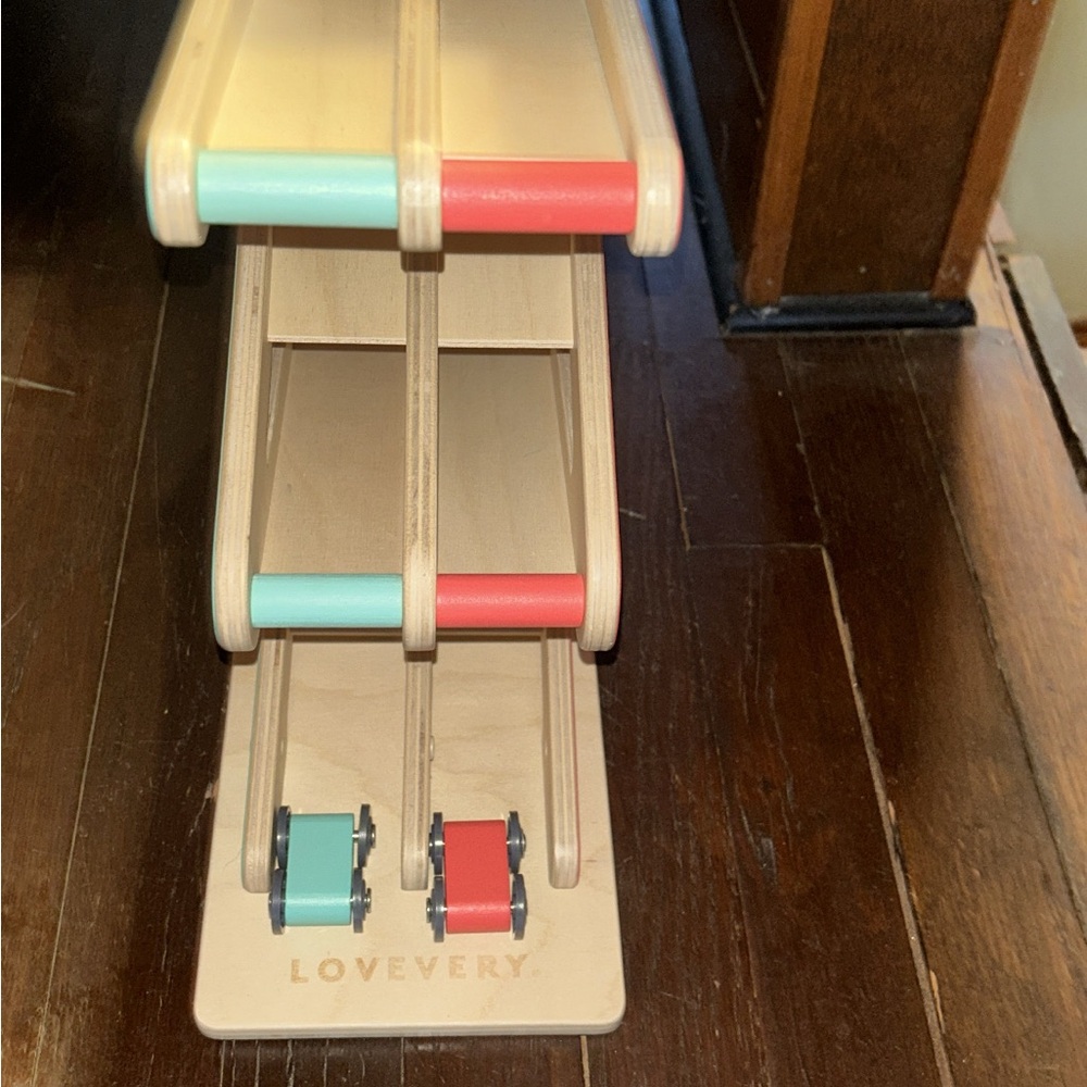 LOVEVERY race and chase wooden track. Both original wooden cars included.